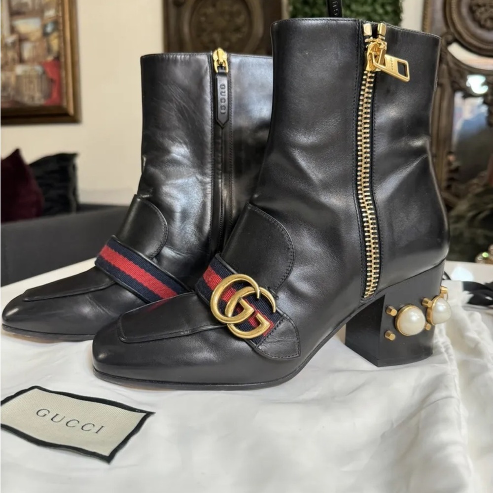 Gucci GG Marmont  Ankle Black Leather Boots Women's EU 36.5